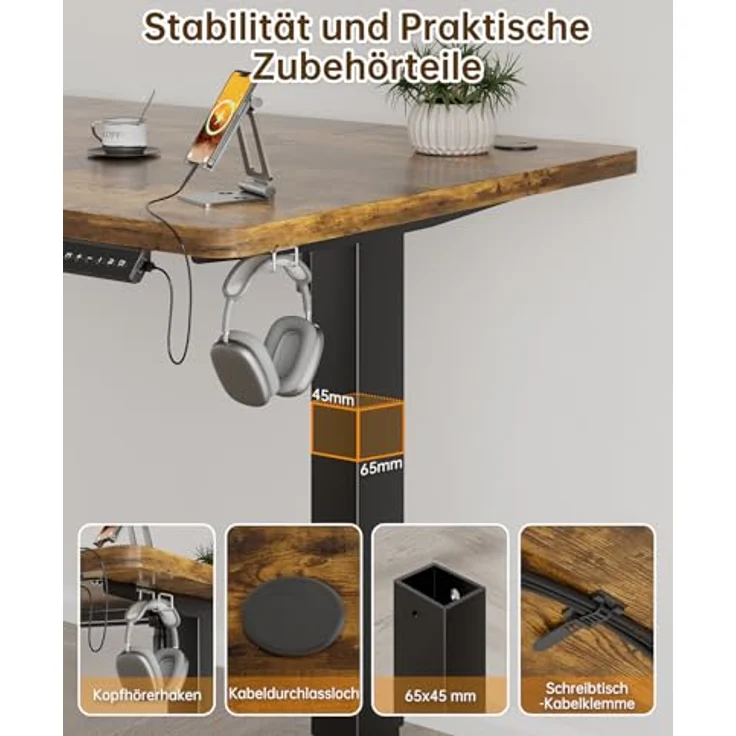 JUMMICO Höhenverstellbarer Elektrischer Schreibtisch 180x80 cm mit USB Ladeanschluss, Schreibtisch Höhenverstellbar, Ergonomischer Steh-Sitz Tisch Braun – Bild 7