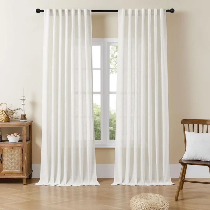 Joydeco Lichtfilternde Leinen-Vorhänge, 228 cm Länge, 2 Paneele, Set für Wohnzimmer und Schlafzimmer, weiß, halbtransparent, mit Stangentaschen