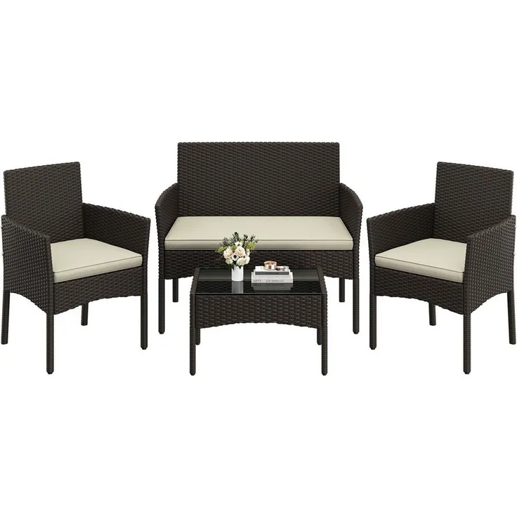 Yaheetech Balkonset Gartenmöbel-Set, 4-er Set Rattanmöbel Gartenlounge-Set für 4 Personen