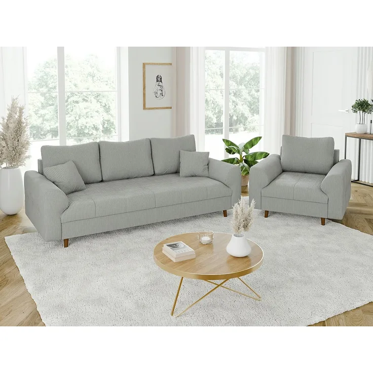 S-Style Möbel Polstergarnitur 3+1 Zara mit Braun Holzfüßen im skandinavischen Stil aus Cord-Stoff, (1x 3-Sitzer-Sofa, 1x Sessel), mit Wellenfederung