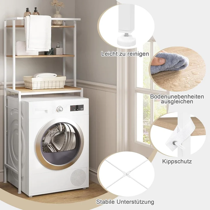 EUGAD Waschmaschinenregal, WC Regal über Waschmaschine Toilette, Waschmaschinenschrank Überbauschrank, Toilettenschrank, 3 Ablagen, Handtuchhalter, Metall Holzwerkstoff, 67 x 162 x 40 cm, Weiß – Bild 5