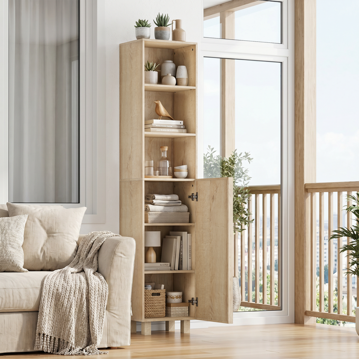162,5 cm hoher Badezimmerschrank in Eichenoptik ,Waschmaschinenschrank,mit Türen und offenen Regalfächern; schmaler Holzschrank, geeignet für Waschküche, Balkon, Badezimmer oder Küche--Eiche--35x30x162.5cm--YOUDENOVA – Bild 4