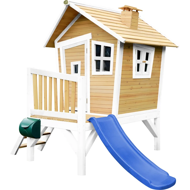 AXI Spielhaus Robin mit blauer Rutsche Stelzenhaus in Braun & Weiß aus FSC Holz für Kinder | Braun, weiß, blau | Holz | 177 cm – Bild 1