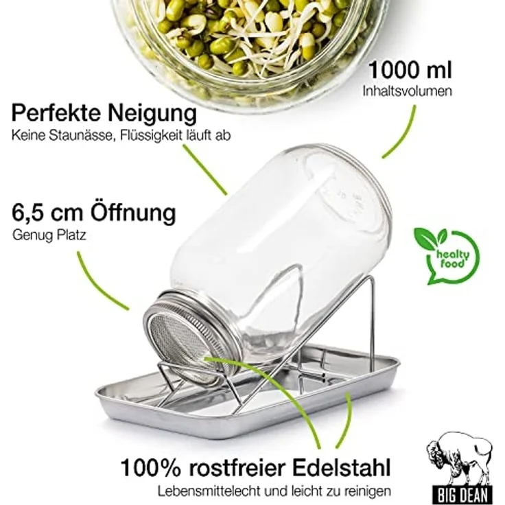 BigDean Anzuchttopf Sprossenglas Keimglas 1000ml mit Edelstahl-Gitterdeckel + Ständer (Set, Sprossengläser), Sprossenglas, Leichte Anwendung, Gesunde Ernährung, Einfache Reinigung – Bild 3