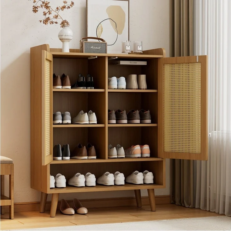 OKWISH Schuhschrank aus natürlichem Rattan mit 2 Türen und 5 Regalböden,B80/H105/T35 cm – Bild 2