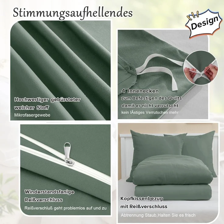 Bettwäsche 135x200 Mikrofaser Salbei Grün 2 teilig - Kuschelig weich – Bild 4