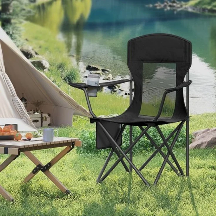 SONGMICS Campingstuhl 2er Set, Klappstuhl Outdoor, Angelstuhl, hohe Rückenlehne, verstellbare Armlehnen, Getränkehalter, klappbar, bis 150 kg belastbar, Camping Garten, tintenschwarz GCBDE028B02 – Bild 2