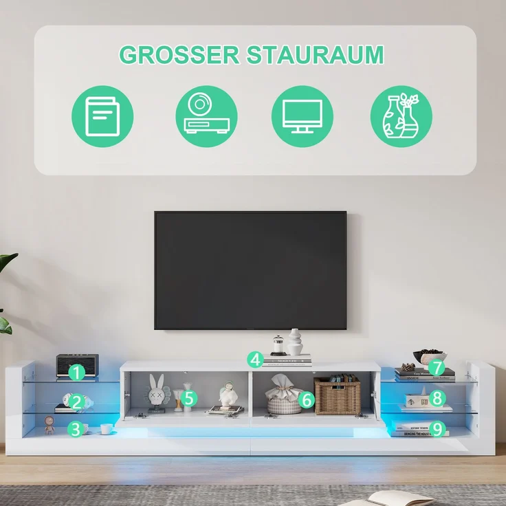 Merax TV-Wandschrank-Set, Weißes TV-Schrank + Weißes Couchtisch, Weißes Hochglanz-Wandschrank, Wohnzimmerset, Hochglanz-Set mit LED-Leuchten – Bild 6