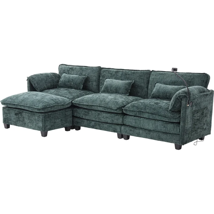 LVHOM 3-Sitzer Sofa mit Hocker, L-Form Ecksofa mit Stauraum, Modulares Sofa mit USB-C-Anschluss, Handyhalter und Seitentaschen, weiche Chenille-Stoff, Couchgarnitur, Grün – Bild 2