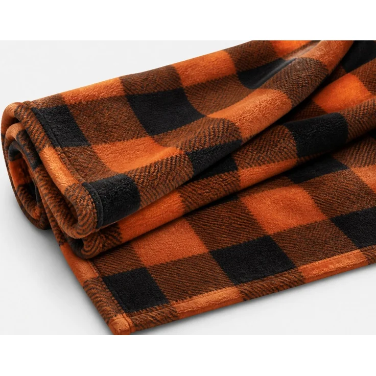 Flanell-Kuscheldecke kariert Orange-Braun-Schwarz 264 x 228 cm – Bild 3