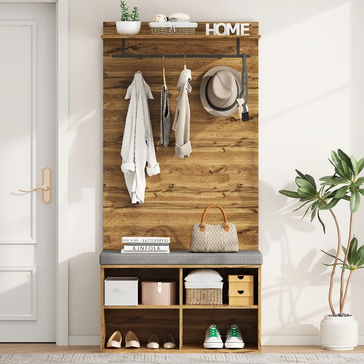 175 cm hohes Garderobenset in Holzoptik mit Schuhbank, verstellbarem Regal, Kleiderstange und Polster – 84 x 32 cm – Praktische Flurmöbel--Eiche--97.79x41.91x13.34cm--YOUDENOVA – Bild 4