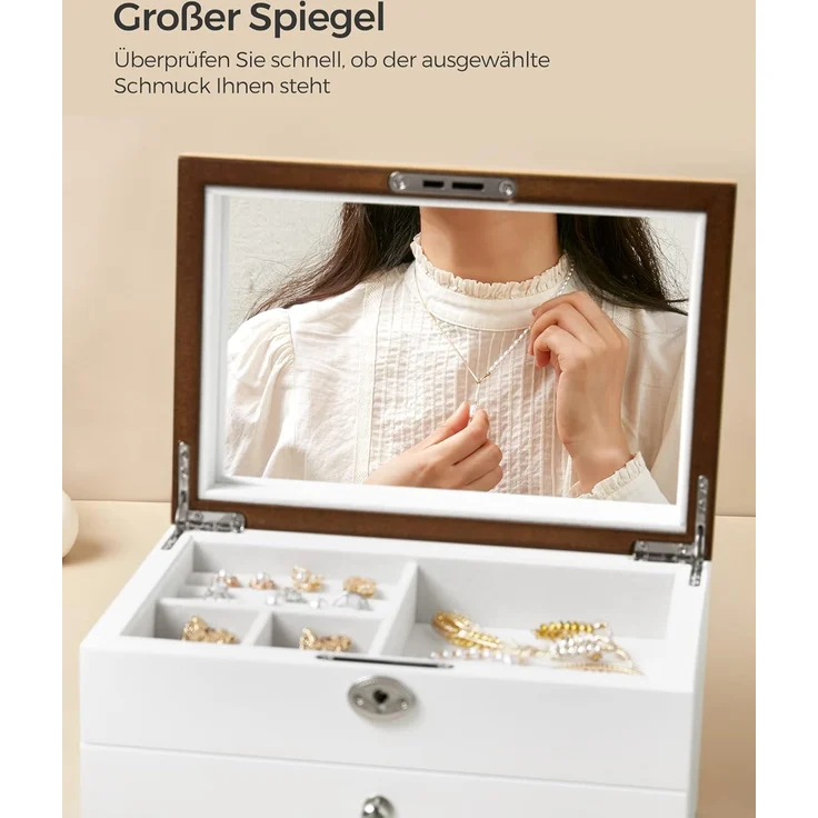 Songmics Schmuckkästchen mit großem Spiegel, abschließbar, MDF weiß-holzfarben, 15 x 17 x 25 cm – Bild 4