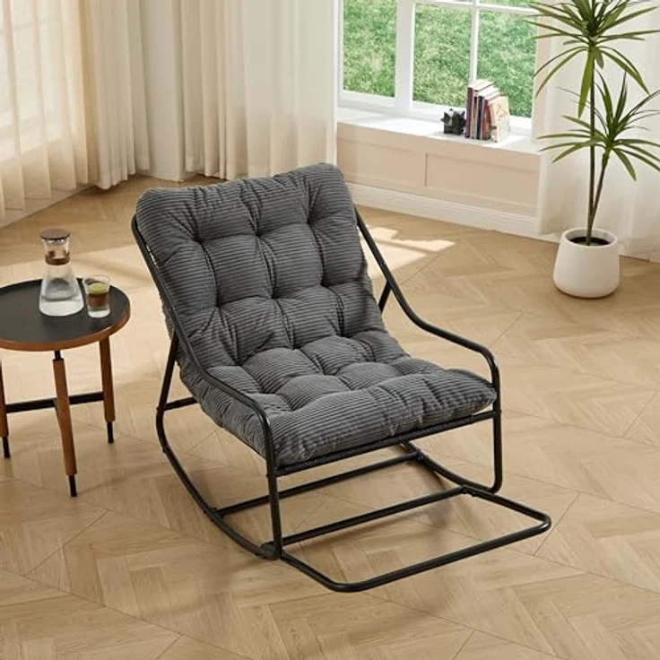 Ball & Cast Schaukelstuhl für Drinnen & Draußen, Rocking Chair mit Gepolstertem Kissen und Fußstütze, Balkonsessel für Wohnzimmer, Garten & Terrasse, Grau – Bild 2