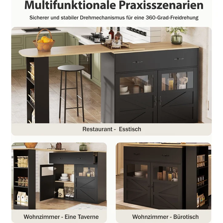 Ausziehbarer Bartisch Schwarz mit 360° Drehfunktion, MDF Tischplatte geprägt, Acryl-Türen, Aluminium-Griffe, Stauraum, 104cmx138-204cmx39cm – Bild 6