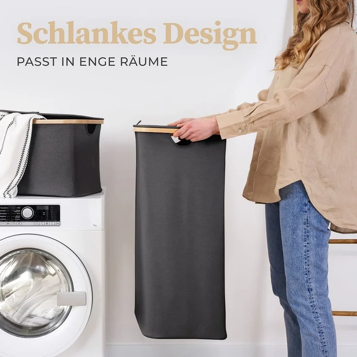 HENNEZ Wäschekorb mit Griff aus Bambus, 100 l – Wäschekorb mit Deckel, Dunkelgrau – Bild 5