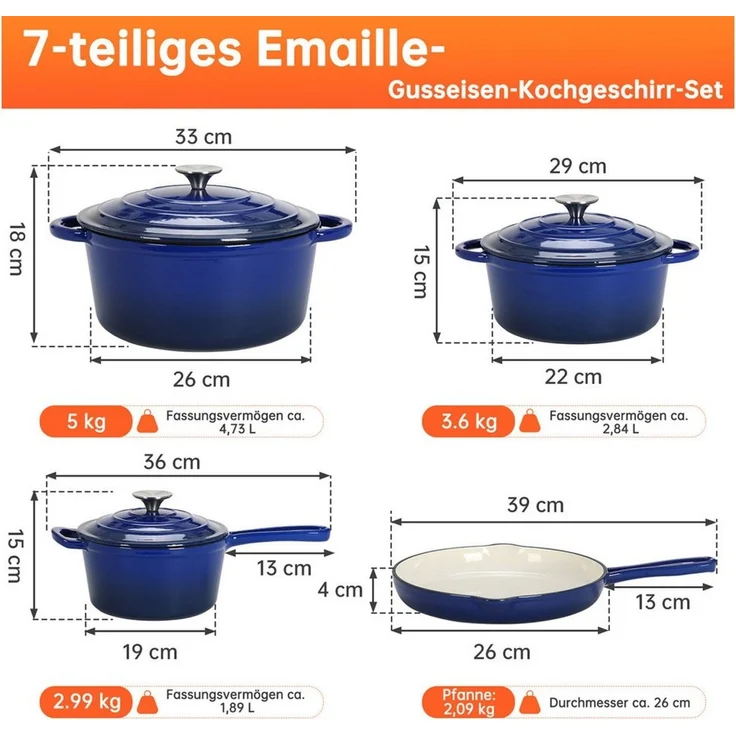 TLGREEN Topf-Set 4‑teiliges emailliertes Gusseisen Topf‑Set, (Ofenfest Kochgeschirr‑Set mit Emaille‑Beschichtung, Induktionsgeeignete Schmortöpfe für Gas‑,Elektro‑ und Glaskeramikherde), gleichmäßige Wärmeverteilung für Braten, Schmoren und Kochen – Bild 2