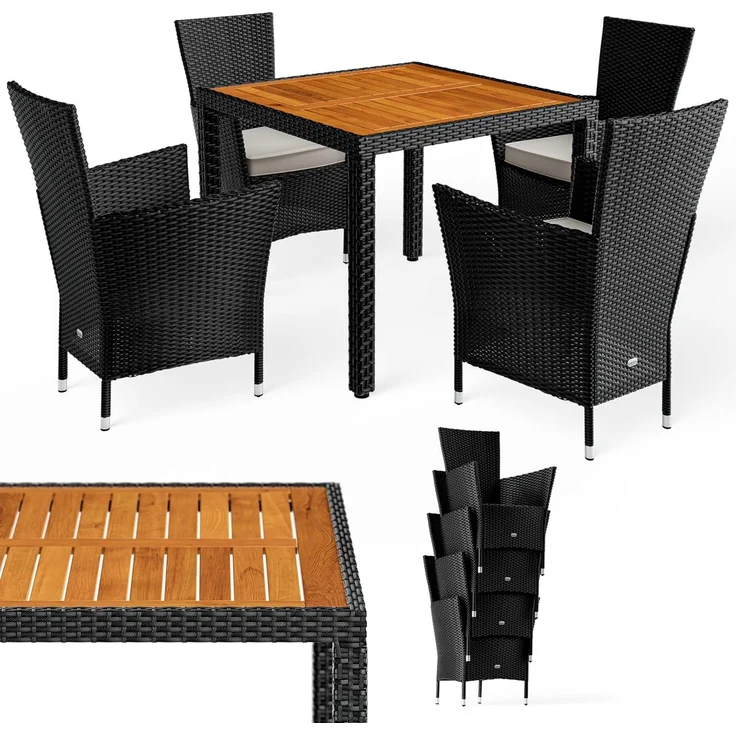 Casaria Garten-Essgruppe, (5-tlg), Polyrattan 4 Personen Auflagen Stühle Stapelbar Akazie Holz Wetterfest – Bild 9