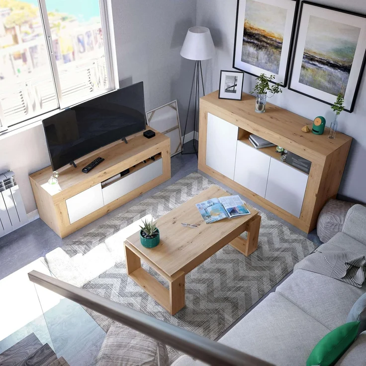 Habitdesign Anrichte mit 3 Türen, Buffet für Wohnzimmer, Beistellschrank, Modell Baltik, Weiß Artik und Nodi-Eiche, Maße: 144 cm (B) x 87 cm (H) x 42 cm (T) – Bild 7