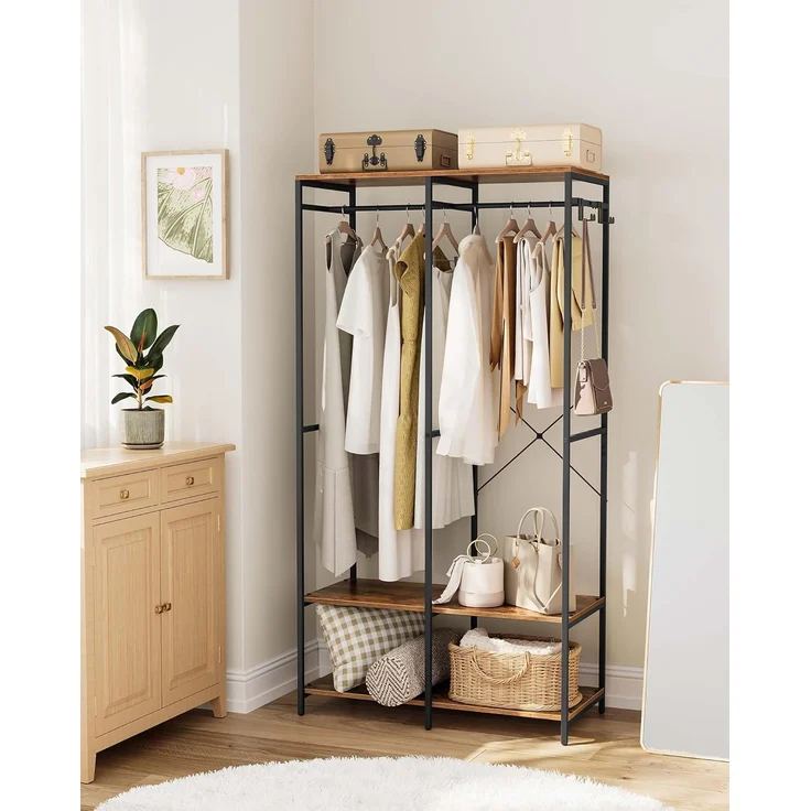 SONGMICS Kleiderschrank offen, Kleiderständer, Garderobenständer, Garderobe mit Kleiderstange, Ablagen, abnehmbare Haken, 40 x 94,5 x 180 cm, vintagebraun RGR004B01 – Bild 2