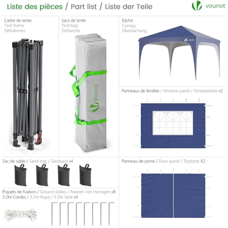 VOUNOT Pavillon 3x3 m mit 4 Seitenteilen & 4 Sandsäcke, Pop Up Faltpavillon, Wasserdicht, Faltbar Gartenzelt Partyzelt, inkl. Tasche, Blau – Bild 3
