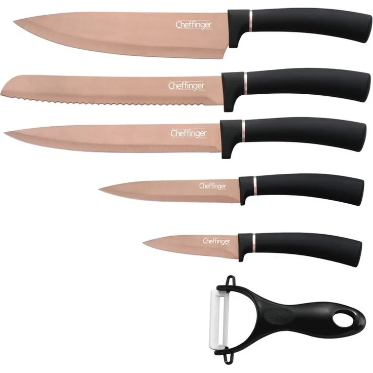 6 teiliges Messerset Schwarz Gold Edtition (5 Messer & 1 Sparschäler) Edelstahl in Klappbox mit Magnetverschluss scharfe Messerklingen Küchenmesser Chefmesser Pizzamesser Motiv 3 – Bild 2