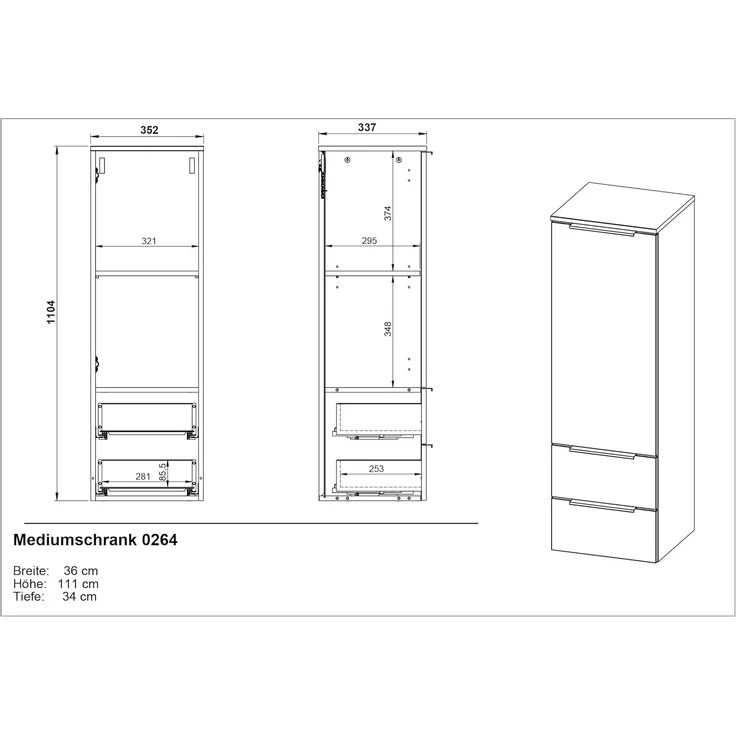 GERMANIA Midischrank Crandon Schrank mit 2 Schubladen, einer Tür und verstellbarem Einlegeboden – Bild 3
