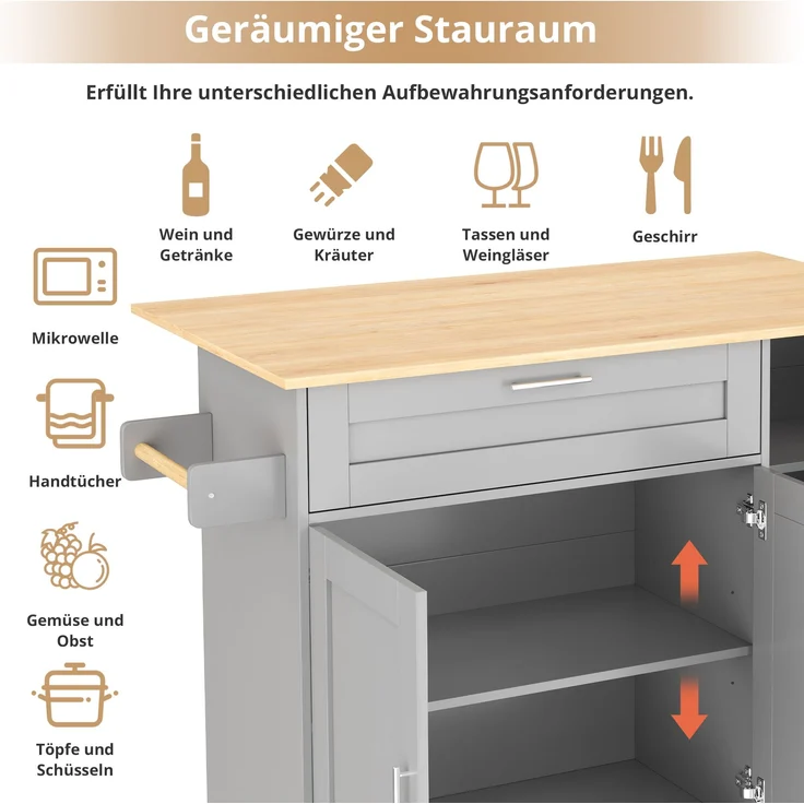 Küchenwagen klappbare Arbeitsplatte Eichenoptik MDF Stauraum Servierwagen mobil Küche Esszimmer,Grau – Bild 5
