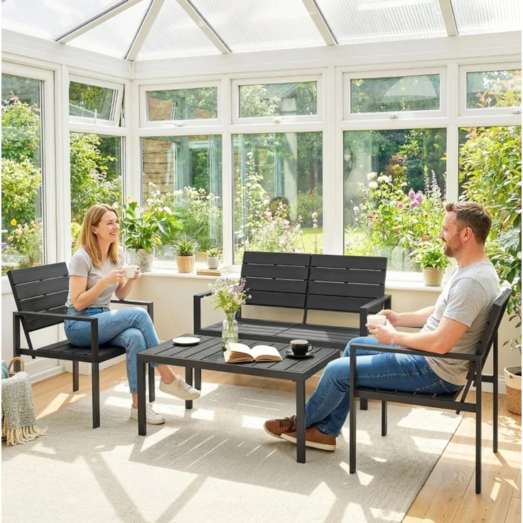 Gartenlounge-Set für 4 Personen mit HDPE-Latten, Couchtisch 95,3x50,5 cm, Schwarz – Bild 4