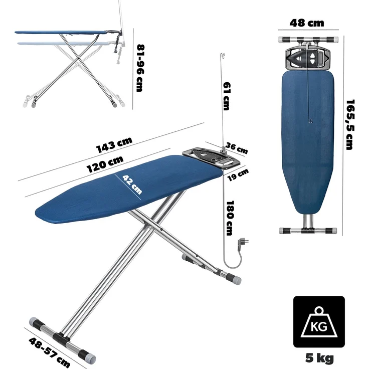 KADAX klappbares Bügelbrett 120 x 42 cm, Aluminium, mit Steckgriff, langlebig – Bild 2