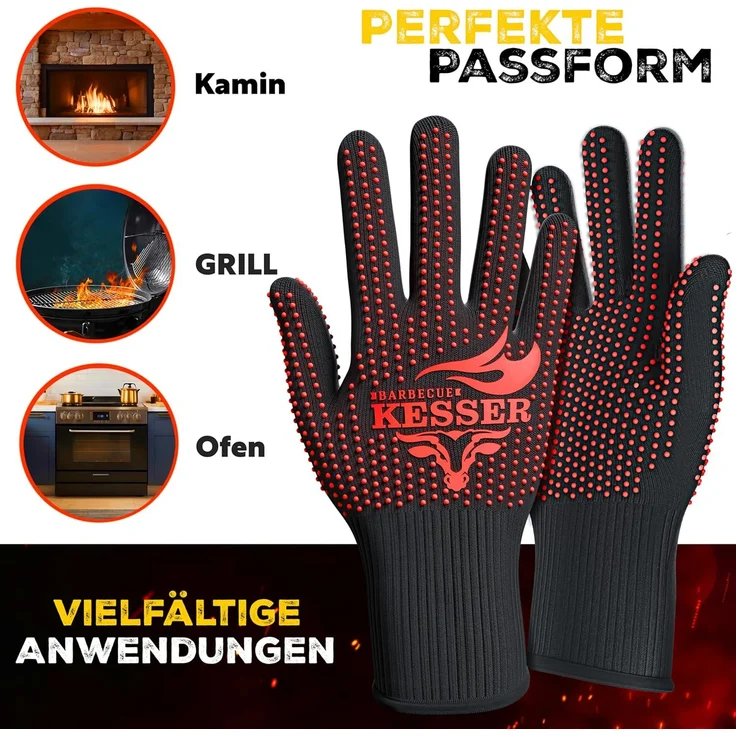 KESSER® Grillhandschuhe hitzebeständig bis 500 °C, Atmungsaktiv & mit rutschfestem Griff, Aramid-Gewebe, Maschinenwaschbar, Schwarz / Rot, M-L – Bild 4