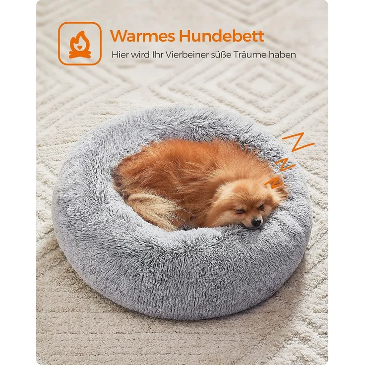 Feandrea Hundebett flauschig, Katzenbett, Donut Kissen, waschbar, Polsterung in der Mitte herausnehmbar, langer Plüsch, 60 cm Durchmesser, Ombré-Grau – Bild 9