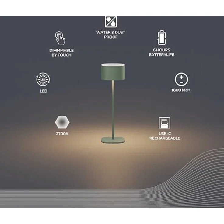 Calex Serino Wiederaufladbare Tischlampe, Kabellose LED-Leuchte, Dimmbar, Innen- & Außenbeleuchtung, Grün, USB-C Aufladung, 1800mAh Akku – Bild 2