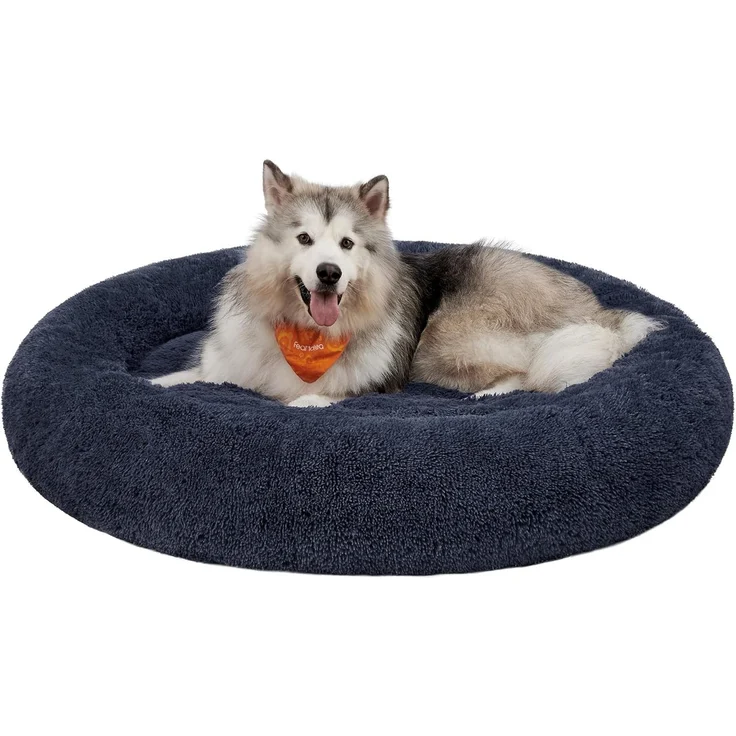 Feandrea Hundebett flauschig, Katzenbett, Donut Kissen, waschbar, Polsterung in der Mitte herausnehmbar, Langer Plüsch, 140 cm Durchmesser, dunkelgrau PGW044G02