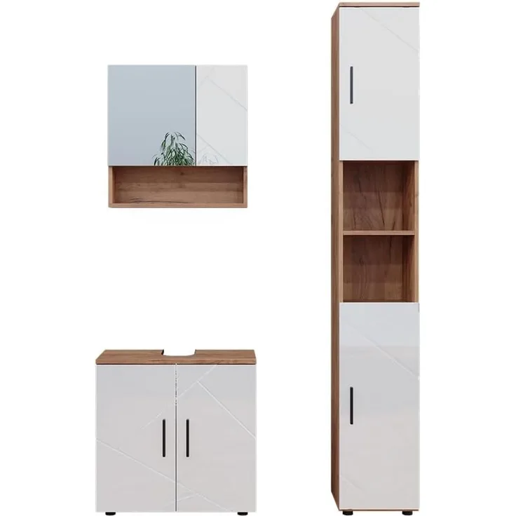 Badmöbel-Set Irma Weiß Hochglanz/Goldkraft Eiche 3 Teile, mit Hochschrank Vicco