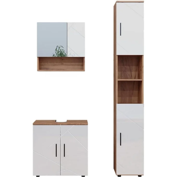 Badmöbel-Set Irma Weiß Hochglanz/Goldkraft Eiche 3 Teile, mit Hochschrank Vicco – Bild 1