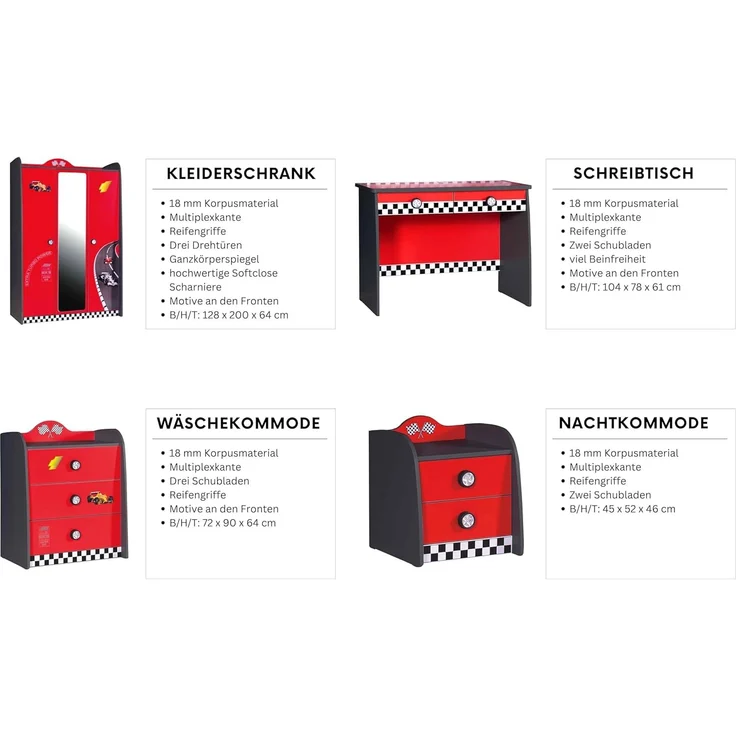 Kinderzimmer komplett Set Autobett Rio 5 teilig Rot – Bild 4
