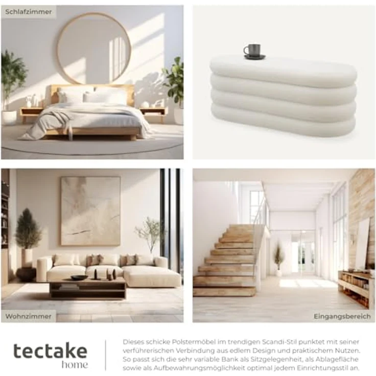 tectake® Sitzbank mit Stauraum, Scandi Sitzhocker, Hocker mit Stauraum, Teddy Stoff, Pouf, Polsterhocker, Sitztruhe, Truhe mit Deckel, Truhenbank mit Stauraum, Möbel für Wohnzimmer - Bouclé créme-weiß – Bild 7