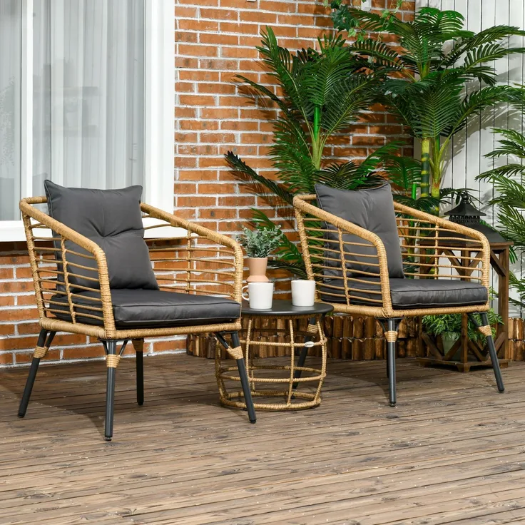 Flieks Gartenmöbel Set 3-tlg mit 2 Stühlen, Couchtisch & Kissen, Outdoor Balkonmöbel Set für 2 Personen, Rattan, Grau