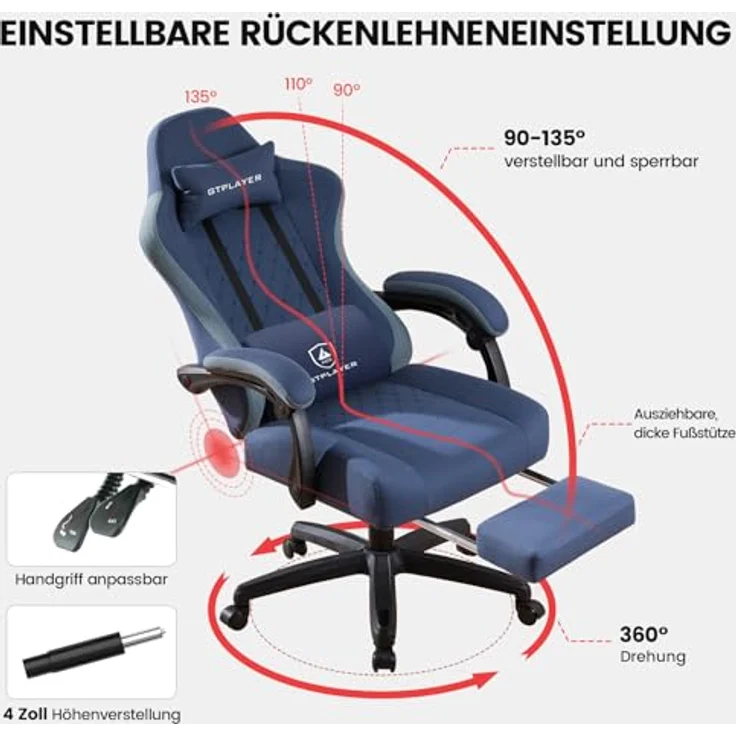 GTPLAYER Gaming Stuhl Stoff, Gaming Sessel mit Taschenfederkissen, ergonomischer Drehstuhl, Gamer Stuhl mit Fußstütze150 kg Belastbarkeit, dunkelblau – Bild 4