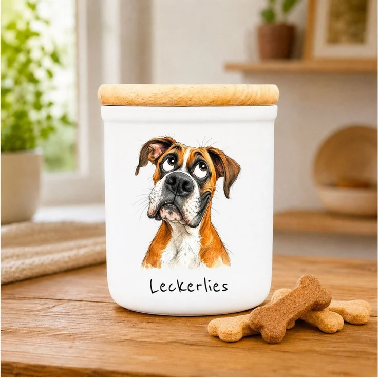 Cadouri Vorratsdose BOXER - Leckerlidose Hund - für Hundekekse, Keramik, (Leckerlidose mit Hunderasse, 2-tlg, 1x Keramikdose mit Holzdeckel), Hundekeksdose, handgefertigt in Deutschland, für Hundebesitzer, 400 ml – Bild 2