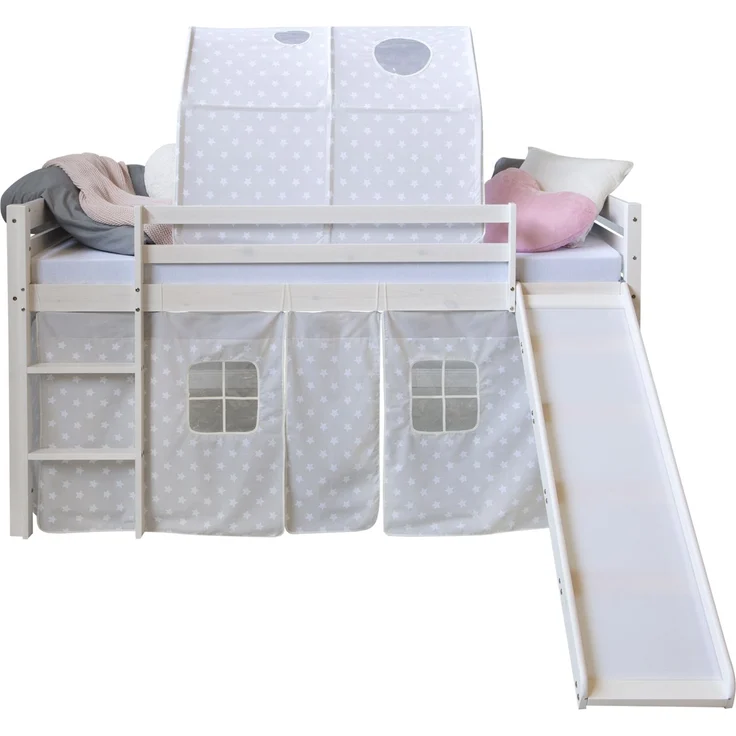 Hochbett mit Lattenrost 90x200 Rutsche Stockbett Weiß Kinderbett Holz Kiefer Vorhang Tunnel Sterne grau – Bild 6