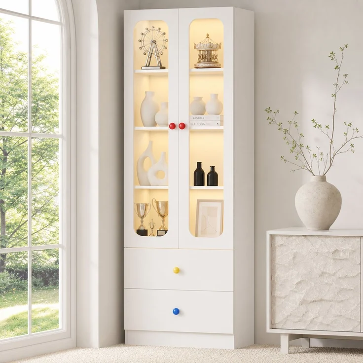 Vitrine 60x35x170 cm in Weiß mit Glastüren, LED-App-Steuerung und 2 Schubladen – Bild 3