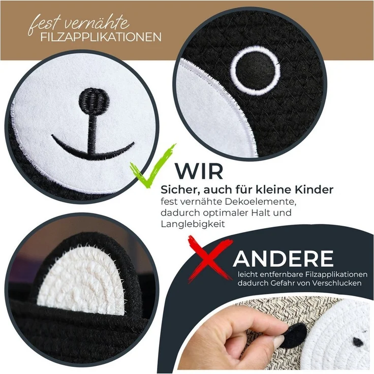 HMF Aufbewahrungskorb Aufbewahrungskorb mit versteckten Griffen, Korb für Kinderzimmer aus Baumwolle, Bär, Schwarz – Bild 3