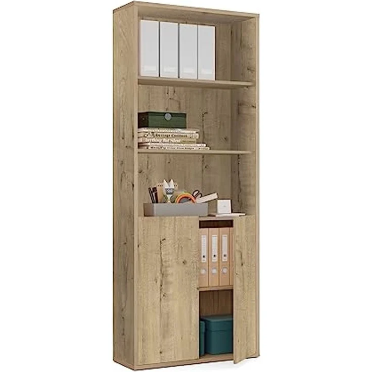 Muebles Pitarch | Bücherregal für Büro oder Arbeitszimmer mit 2 Türen und 4 Regalen, Wohnzimmer-Bücherregal, Gold Eiche, 196,5 x 75,5 x 33 cm (Höhe x Breite x Tiefe), einfach, elegant und robust – Bild 1