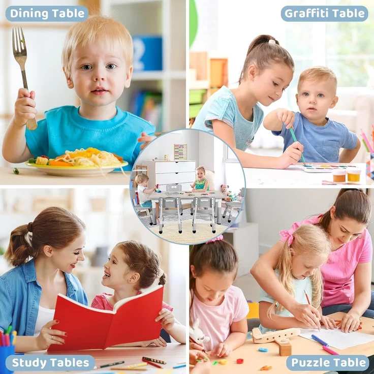 Clevich Kindertisch mit 6 Stühlen,Kinder Tisch Stuhl Set für Kindergarten und Kinderzimmer,Kindertischgruppe Höhenverstellbar,Plastik Kindermöbel,Sitzgruppe für Jungen Mädchen,Grau – Bild 6