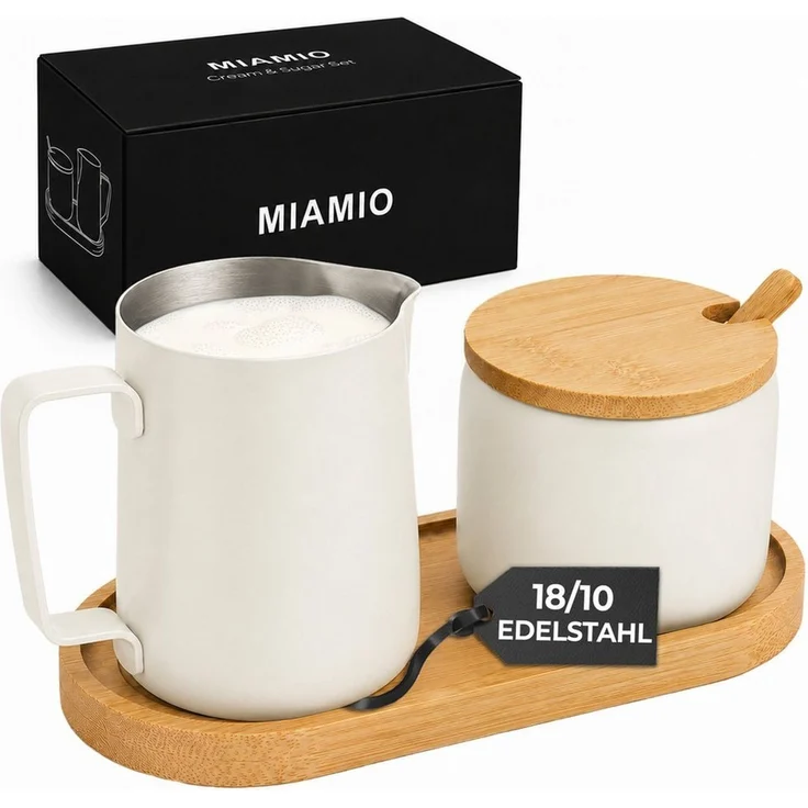 MiaMio Milch- und Zuckerset mit Serviertablett, mattweiß (5-tlg), Edelstahl, Sahnekännchen 330 ml und Zuckerdose 270 ml – Bild 1