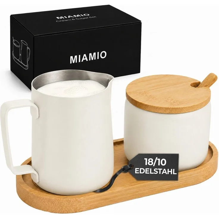 MiaMio Milch- und Zuckerset mit Serviertablett, mattweiß (5-tlg), Edelstahl, Sahnekännchen 330 ml und Zuckerdose 270 ml