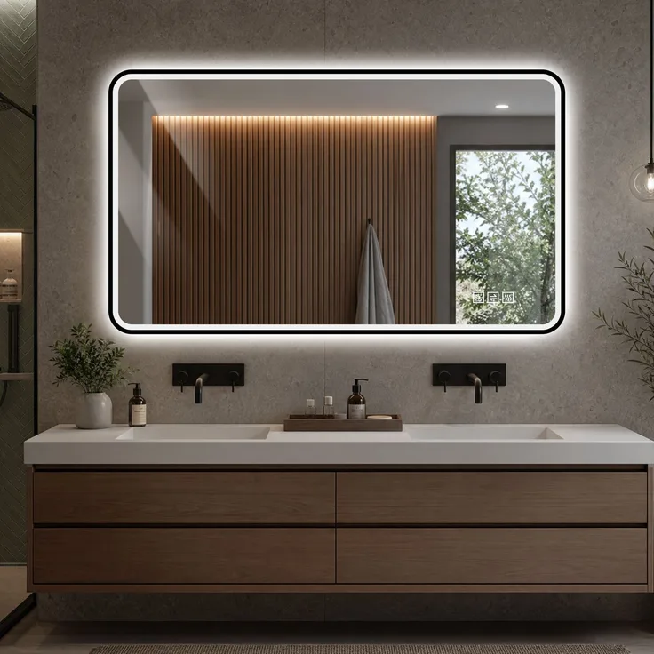 70×90cm LED Badezimmerspiegel mit schwarzem Aluminiumrahmen, Front- & Hintergrundbeleuchtung, Anti-Beschlag, 3 Lichtfarben, dimmbar, Memory-Funktion, horizontal & vertikal montierbar, IP44 wasserdich--Schwarz--90x70x4cm--YOUDENOVA