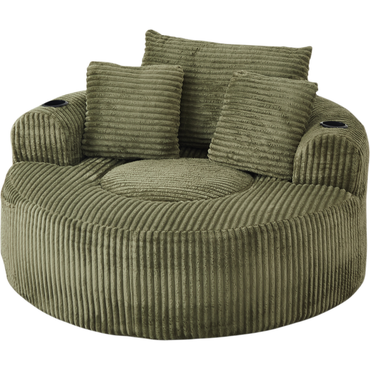 Rundes Loungesofa aus Cord, Einzelsitz Sitzsack Liegestuhl mit 3 Kissen, 2 Getränkehaltern, Seitenaufbewahrung, Rutschfest, Bequemes Relaxsofa für Wohnzimmer Schlafzimmer--Grün--146x29x32cm--YOUDENOVA – Bild 5
