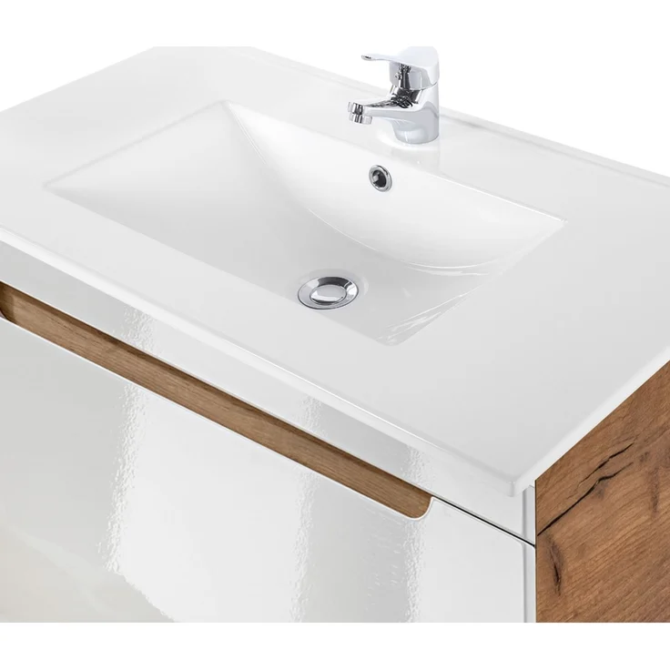 Badmöbel Set mit 81 cm Keramik-Waschbecken LUTON-56 Hochglanz weiß mit Wotan Eiche Nb, B/H/T ca. 180/200/46 cm – Bild 4